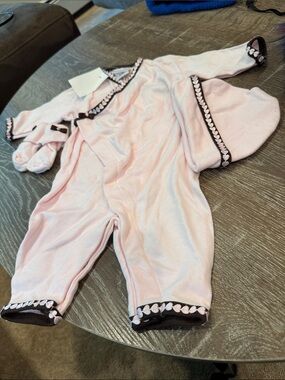 Baby Pink Footed Romper with Heart Trim